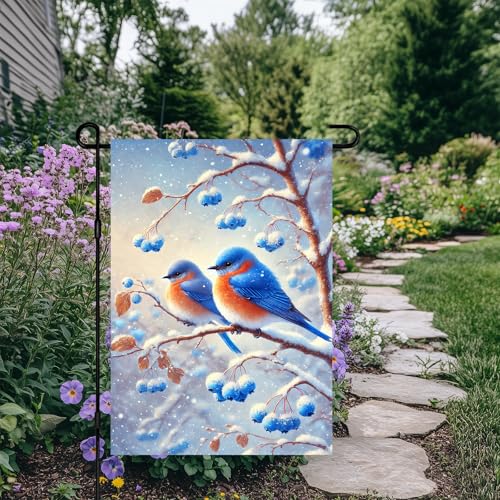 Image of BlissYard Snowy Bluebird Bird Winter Garden Flag 12x18 Inch Polyester