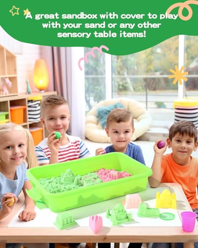 Image of Sensory Bin Sand Tray with Lid for Toddlers 2 Pcs 15in Portable Sandbox Toy Large Plastic Tray for Kids 3 4 5 6 Fill with Sand, Water, Beads, and More (2 Green)