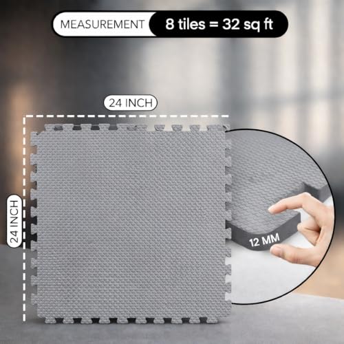 Image of EASY HOME Gym Mats for Floor for Home and Living Room, Interlocking Rubber Floor Gym Mat for Exercise, Super Absorbent EVA Foam Workout Mat- 60x60cm - 12mm Thickness, Grey (Pack of 24-96 Sq Ft Area)