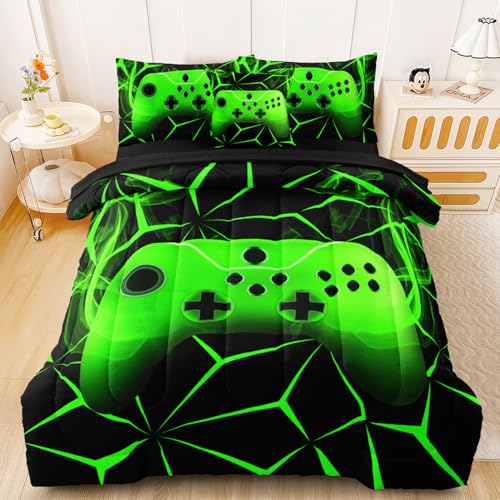 BERTSUCA 6Pcs Gaming Comforter Sets for Boys, Cool Green Lightnings Bed in A Bag Full Size Gamer Bedding Set for Boys Kids