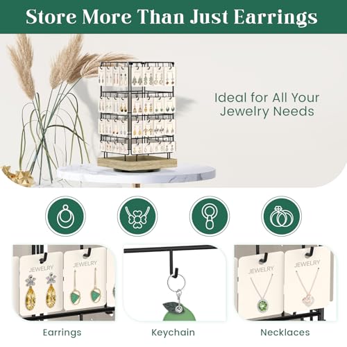 Image of EsLuker.ly Rotating Earring Display Holder Stand for Vendors Events Selling, Large Capacity 64 Hooks Jewelry Rack with Wooden Base for Earring Card Sales, Enhances Retail Display Visibility