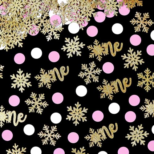 Image of 200pcs Winter Onederland 1st Birthday Confetti for Tables, Gold Glitter One Snowflake Confetti and Pink White Dots Table Scatter for Baby Girl First Birthday Decorations /Decor.