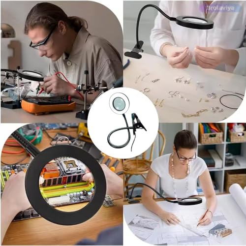 Image of BROLAVIYA Overhead 5X Magnifying Glass with 12cm Led Light, 3 Color Modes Dimmable, Flexible Hose Metal Arm, Magnifier Desk Lamp for Crafts, Makeup, Reading, Photography - Black