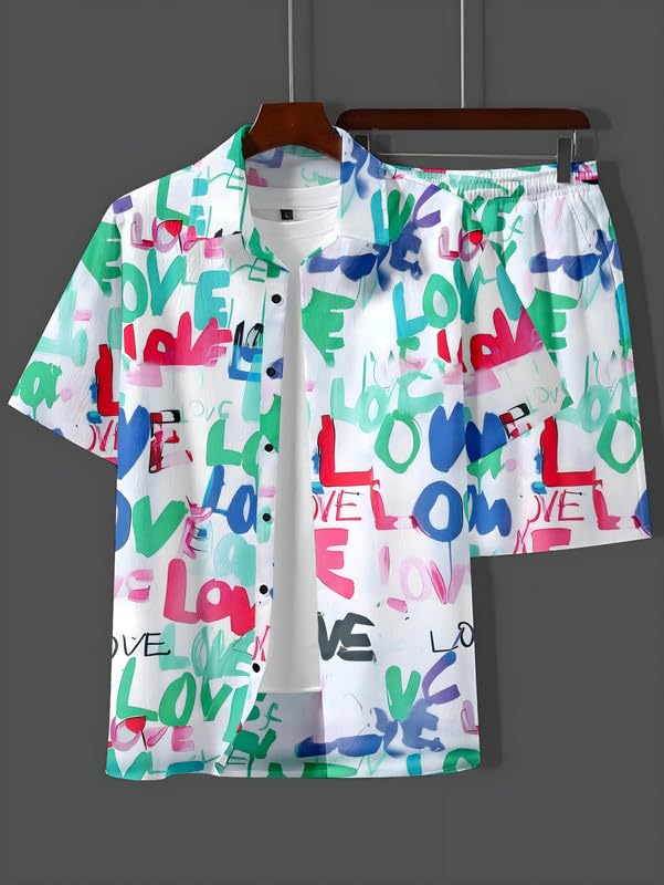 Image of Men's Printed Co-Ord Set | Plus Size Casual Shirt & Shorts Set | Nightwear Pajama Suit, Loungewear, Beachwear & Vacation Outfit Design No Shirt-Short Set10-Parent