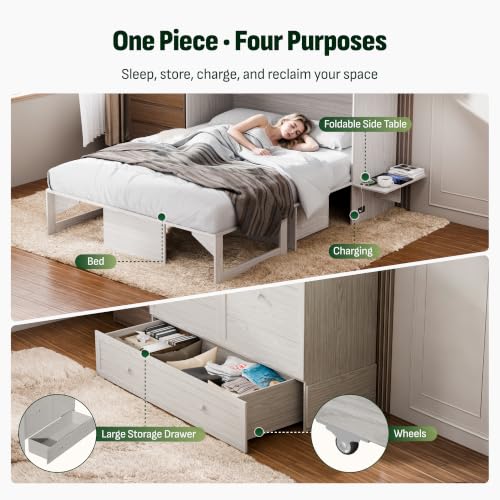 Image of Softa Queen Murphy Bed Cabinet with Mattress Included, 6 inch Tri-Fold Mattress, Storage Drawer & Charging Station, 1200 Lb Heavy Duty Wood Wall Bed with Fold-Down Desk for Guest Room & Home Office