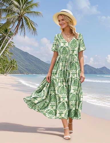 Image of YESNO Women's Summer Maxi Dresses Casual Floral Short Sleeve V Neck Boho Beach Vacation Swing Dress with Pockets EVF