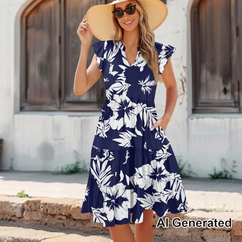 Image of Womens Summer Dress Ruffle Sleeve V Neck Dress Casual Fit Flowy Beach Vacation Sundress with Pocket S-2XL