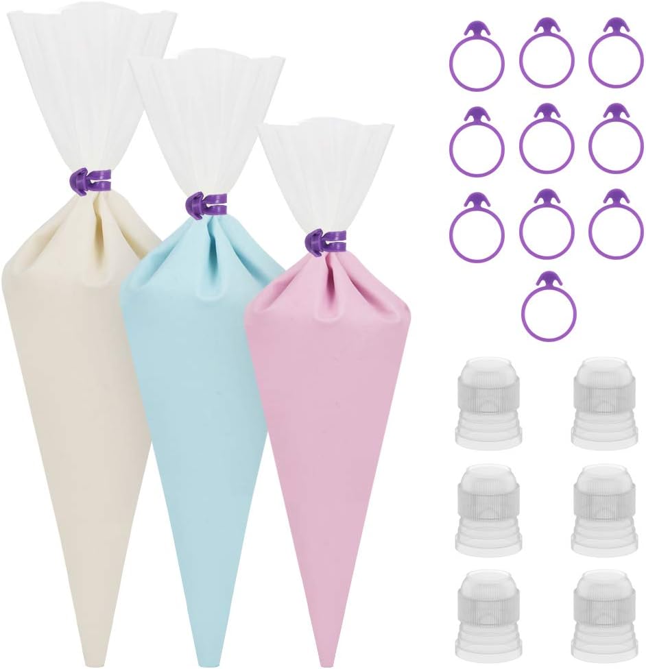 Kootek 28 Pcs Cake Decorating Tools with 12 Reusable Silicone Piping Pastry Bags 3 Sizes (12" + 14" + 16") , 6 Standard Couplers and 10 Icing Bag Ties Baking Supplies Accessories (Clear)