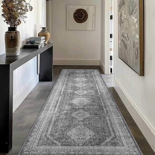 GENIMO 2x10 Non Slip Hallway Runner Rug, Machine Washable, Thin & Low Pile Lightweight for Kitchen, Laundry, Entryway, Bedroom & Living Room, Gray