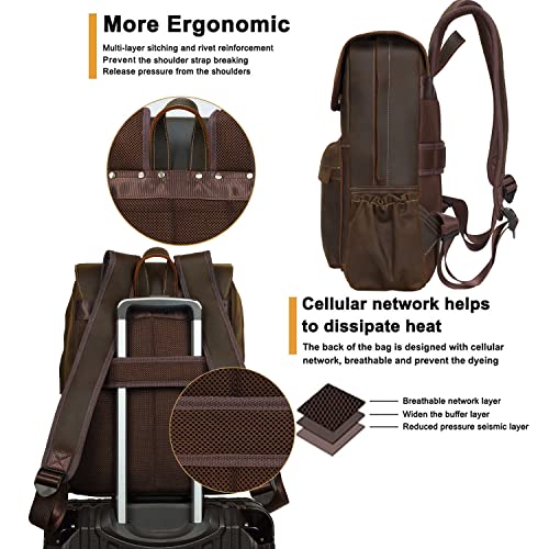 Vintage Full Grain Leather 15.6 Inch Laptop Backpack For Men Casual Travel Work Bag Bookbag Daypack With Ykk Zipper Brown, Large #TOP2