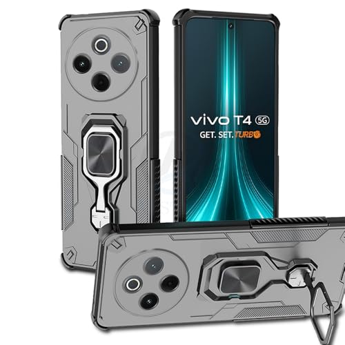 Image of AESTMO Armor Back Cover for Vivo T4 5G / iQOO Z10 5G | Ring Holder & Kickstand & Camera Protection in-Built | 360 Degree Protection Back Case Cover (Black)