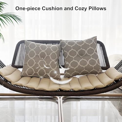 Image of PURPLE LEAF 2 Seat Porch Swing Outdoor Hand-Woven Rattan Bench Glider Loveseat Hanging Cloud Swing Chair with Stand for Indoor Backyard Garden Patio Hammock Swinging, Cushion and Pillows Included