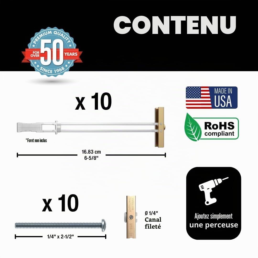 TOGGLER SNAPTOGGLE BB Lot de 10 ancrages à bascule BB avec boulons, canal en acier zingué, fabriqué aux États-Unis, plage de préhension de 0,95 cm à 9,5 cm, pour fixation 1/4"-20 UNC