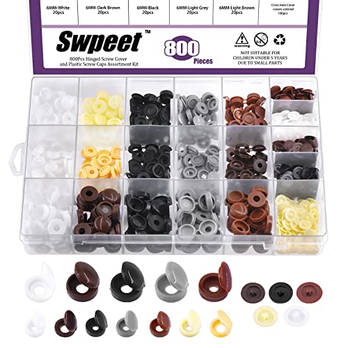 Swpeet Juego de 800 tornillos de plástico con bisagras de 5/32 pulgadas, 1/5 pulgadas, 1/4 pulgadas, 8 colores, tapas de rosca con bisagras y calcomanías autoadhesivas para agujeros de tornillo,