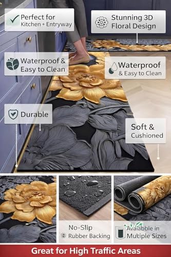 Image of KIMEE Kitchen Floor Mats Set of 2 Pcs, Non Slip Washable Kitchen Runner Mat, Rubber Kitchens Rugs Floor Mats Carpets for Home, Sink, Stove (Black and Gold Floral Kitchen Mat, 120x40cm + 60x40cm)