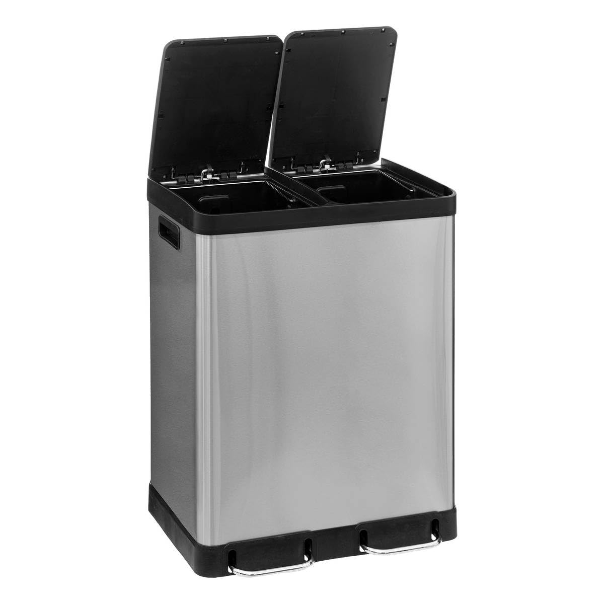 5Five - Poubelle de Tri Sélectif Double Compartiment Ariane - 2x30L en Acier Inoxydable - Seaux amovibles - Large Pédale en Métal, Fermeture Silencieuse, Poignées et Fixation pour Sac Poubelle