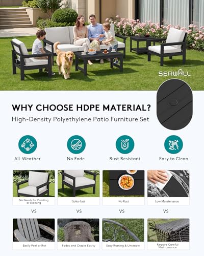Image of SERWALL HDPE Outdoor Couch with Coffee Table & Side Table & 15FT Umbrella