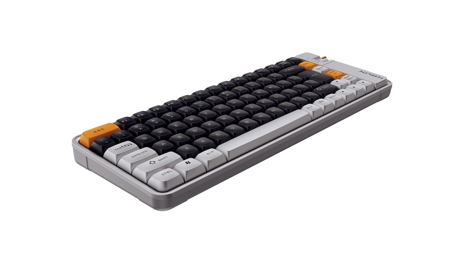 KRUX Zyro 75%, Bezprzewodowa klawiatura membranowa 84 klawisze, Bluetooth + 2,4 GHz + USB-C, cicha, układ US ANSI, Windows/Mac/Linux/Android, szaro-żółta, retro design