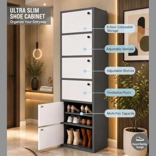 Image of EXVITO Modern Tall Shoe Cabinet, Wooden Flip Door Shoe Storage Cabinet, 4-Door Narrow Entryway Shoe Organizer with Multi-Tier Shelves, Space Saving Shoe Rack for Hallway, (Black-White, 5 Door)
