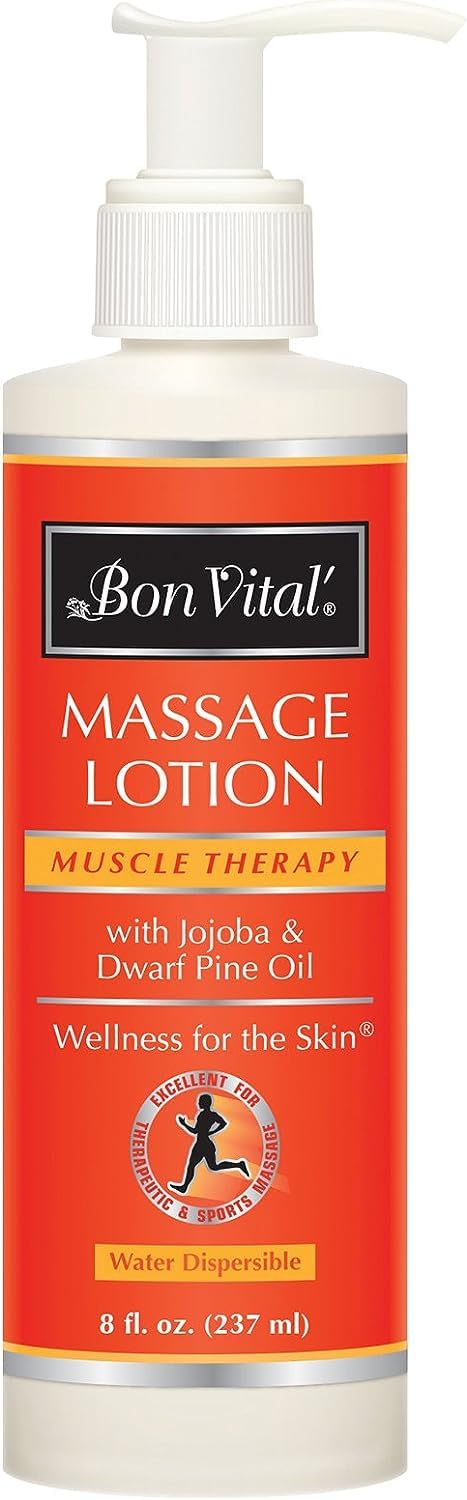 Bon Vital' Muscle Therapy Massage Lotion with Dwarf Pine Oil and Essential Oils for a Massage, Aids in Muscle Recovery Through IASTM and Graston, 8 Oz, Label may Vary