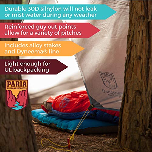 Sanctuary SilTarp - Ultralight and Waterproof Ripstop Silnylon Rain Shelter Tarp, Guy Line and Stake Kit - Perfect for Hammocks, Camping and Backpacking (10 feet by 10 feet - Square Cut)