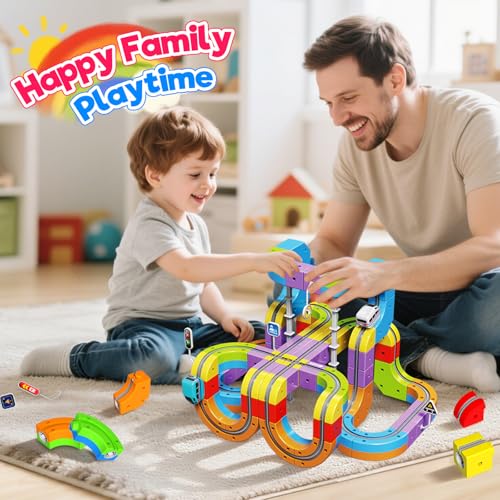 Image of Electric Train Set for Kids, 110PCS 3D Racing Track Sets with Electric Train, Traffic Signs, STEM Train Toys Birthday Gifts for Boys and Girls Age 3+ Years Old