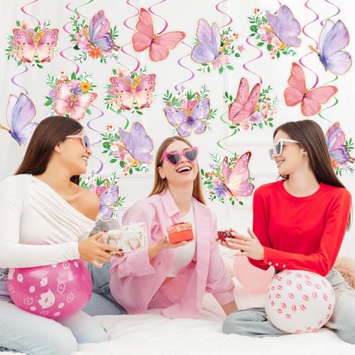 Image of 48Pcs Spring Butterfly Hanging Swirl Decorations, Watercolor Butterfly Ceiling Hanging Swirls Spring Party Hanging Swirls Streamers for Birthday Wedding Garden Tea Party Decor Supplies