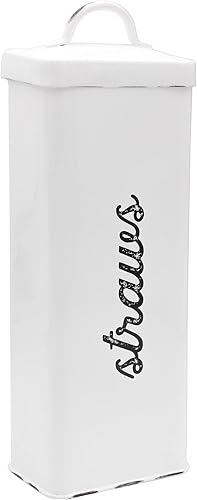 Miniatura 1 de AuldHome Farmhouse - Soporte para popote de esmalte blanco y rústico recipiente de almacenamiento de paja de metal rústico