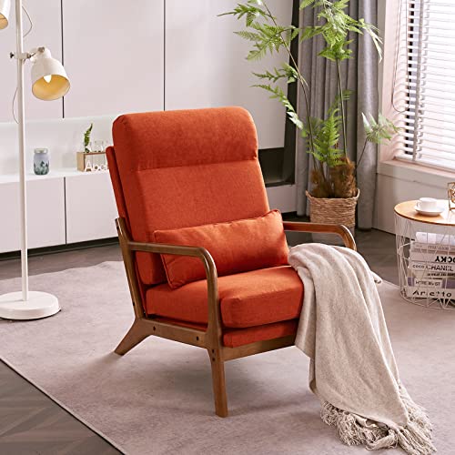 Karl home Accent Chair Mid-Century Modern Chair with Pillow High Back Linen Fabric Upholstered Lounge Arm Chair with Solid Wood Frame & Soft Cushion for Living Room, Bedroom, Balcony, Burnt Orange