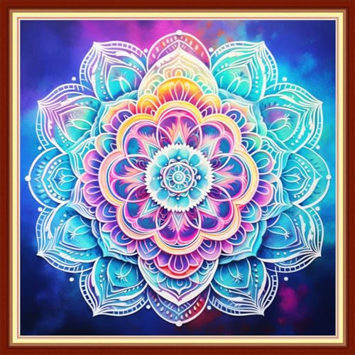 Image of Disxvivy Cross Stitch Stamped Full Embroidery Kits DIY 11CT Cotton Thread Printed DIY Needlepoint Kits Craft Needlework Set Cross-Stitch Stamped Sets-Colorful Mandala 18x18 inch