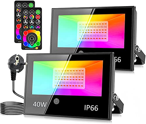 2 Pack Proyector LED Exterior, 40W Cambio 120 Colores 5 Modos Proyector RGBW, Función de Sincronización, RGB Blanco Cálido RGB 2700K Luces Exteriores para Jardín, IP66 Impermeable