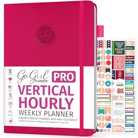 GoGirl Planner PRO Schedule - Undated Planner with Hourly Time Slots, Monthly, Weekly & Daily Organizer, Appointment Book for time Management, 7"x10" Hardcover, Lasts 1 Year - Fuchsia Cover