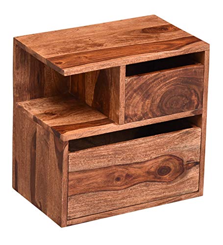 Image of DEMIWALL Solid Sheesham Wood Bedside Table | Wooden Bed Side Tables with Drawer | Nightstand Side Table for Bedroom | Night Stand End Table with 2 Drawers & Shelf Storage for Home | Teak Finish
