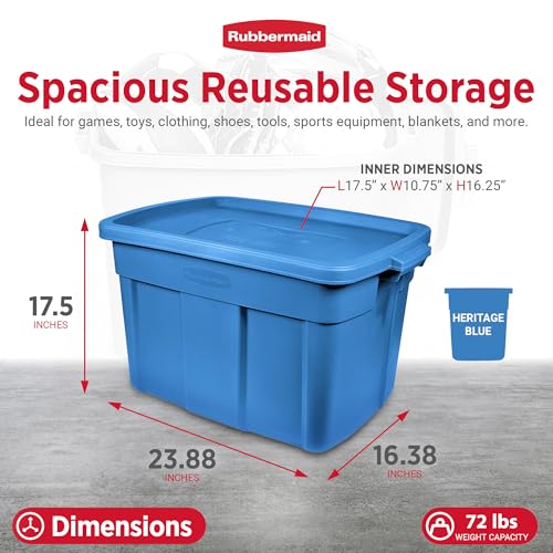 Image of Rubbermaid Roughneck Tote 18 Gal, 6 Pack, Made in USA, Heritage Blue, Rugged Plastic Stackable Storage Bins with Lids and Handles