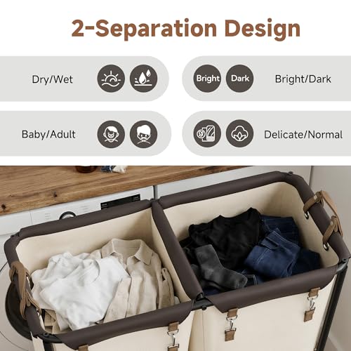 Image of StorageWorks 2 Section Laundry Hamper, 330L Extra Large Beige Rolling Cart | Laundry Basket with Wheels, Beige Sorter Cart, Rolling Organizer for Hotel, Bathroom