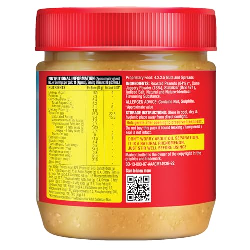 Image of Saffola Peanut Butter with Jaggery, Crunchy 350 gm | High Protein Peanut Butter | No Refined Sugar (Pack of 2)
