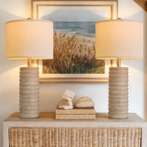 PoKat 27'' Farmhouse Table Lamps Set of 2 for Living Room, Stone-Like Bedside Lamp for Bedroom, Boho Ceramic Tall Lamps for Nightstand Office Sideboard Entryway Distressed (Antique Beige) - Image 3