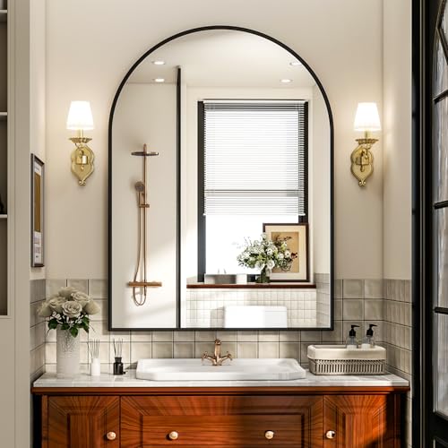 Arch Bathroom Mirror, 24x36 inch Arched Bathroom Mirror/Wall Mounted Vanity Mirror - Arch Metal Frame Wall Mirror for Bathroom Bedroom Living Room, Black