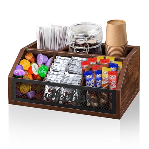 Coffee Station Organizer for Counter, Wood Pods Holder Basket with Removable Dividers, Office Coffee Bar Accessories Decor for Syrup, Cups, Stirrer, Tea