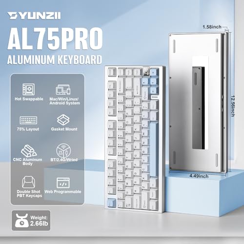 Image of YUNZII AL75 PRO 75% Wireless Mechanical Gaming Keyboard,Full Aluminum CNC,BT /2.4G /Wired,PBT Keycaps,Gasket Mounted Hot Swap,Custom RGB Backlight, Programmable for Mac /Win (Silver, Cocoa Cream V2)