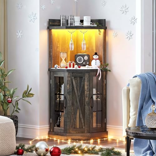 DWVO 53' Corner Bar Cabinet, Farmhouse Wine Cabinet with Glass Holder & LED Lights, 4-Tiers Liquor Bar with Glass Door & Shelves for Home Kitchen, Living Dining Room, Dark Rustic Oak