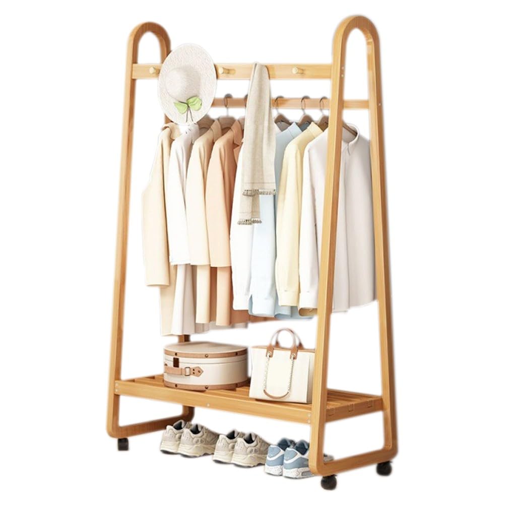 Aycdl Wood Color Bamboo Rolling Clothes Rack With Storage Shelves Free Standing Garment Rack For Entryway Hall Mudroom & Bedroom 80X39x165cm,-L 100 X W 39 X H 165Cm