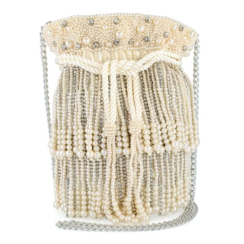 Mary Frances Elegant Pearl Beaded Crossbody Handbag Rhinestone Drawstring Novelty Evening Purse with Removable Chain Strap, Ivory