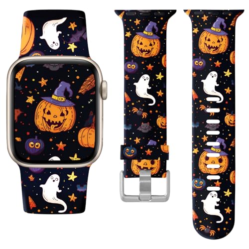 Halloween Band Compatible with Apple Watch Bands 42mm 41mm 40mm 38mm Women Men Soft Silicone Fadeless Pattern Print Pumpkin Ghost Holiday Wristbands for iWatch Series 11/10/9/8/7/6/5 SE/SE2/SE3 Ultra