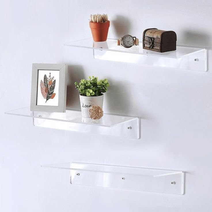 STUDIO whitenest L-Shaped Acrylic Floating Shelf 3 PCS | Clear Wall Mounted Shelves Invisible | 5mm Thick Shelf for Wall Storage | Shelves for Makeup/Photo/Book | Living Room & Office (12 Inch) 3