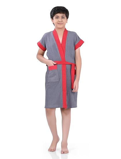 Poplins Grey Solid Terry Turkish Bathrobe for Boys - BRB-118-130