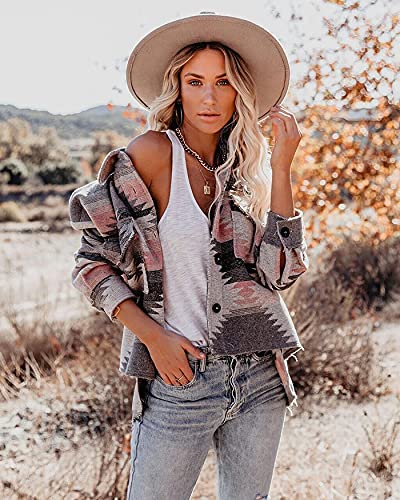 Zempertoopa Women 's Long Sleeve Vintage Jacket Button Down Plaid Print Loose Shacket Casual Streetwear Shirt Coat3