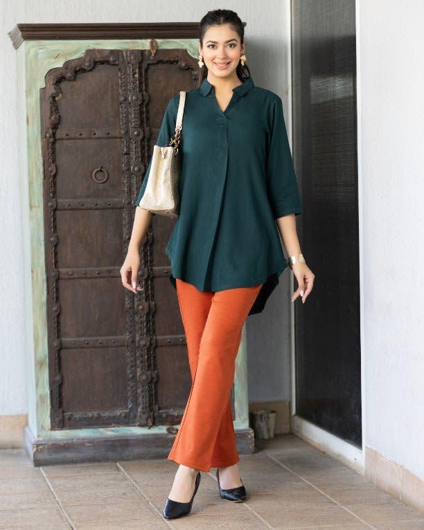 Image of Mlada Rayon Flare Top for Women | 3 /4th Sleeve Regular Fit and Flare Top | Women Office Tops Tunic | Western Long Shirt Top for Women | Shirt Collar Top for Women | Rayon Tunic Tops for Women Western