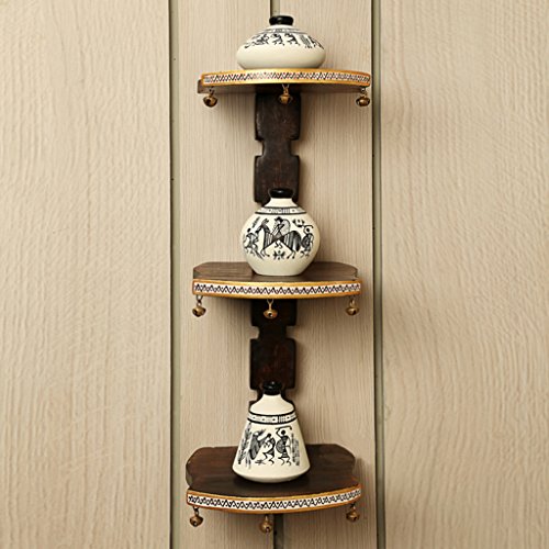 Exclusivelane Wooden Wall Shelf With Terracotta Warli Handpainted Pots Indian Decorative Items For Home Gift Item Wooden Wall Art Decorative Shelves Vases Home Decor Traditional Wall Decor Wantitall