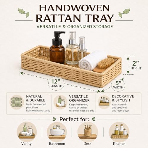Image of Rectangular Bathroom Tray, Hand-Woven Rattan Storage Baskets Decorative Tray, Wicker Basket Organizer Tray for Storage, (12 inch L x 5 inch W x 2 inch H, Pack of 1)